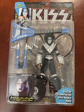 NIB KISS Ace Frehley Action Figure with Blue and Silver Rocket Guitar